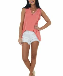 143 Story Tops Coral V Neck Knit Tank Top With Lace Details