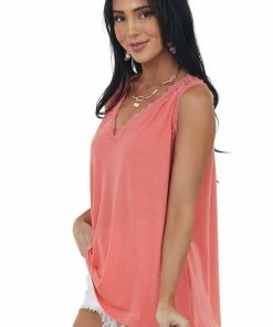 143 Story Tops Coral V Neck Knit Tank Top With Lace Details