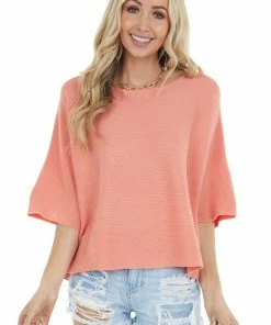 FATE Coral Wide 3/4 Sleeve Stretchy Knit Top With Side Slits Tops