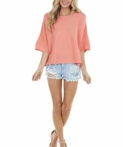 FATE Coral Wide 3/4 Sleeve Stretchy Knit Top With Side Slits Tops