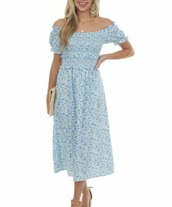 Lush Clothing Cornflower Blue Floral Off Shoulder Midi Dress Dresses