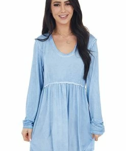 L Love Cornflower Blue Long Sleeve Dress With Raw Seam Details