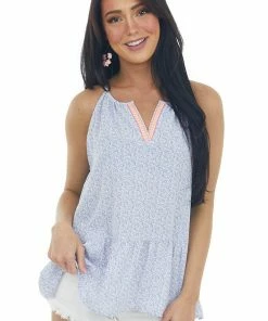 Staccato Cornflower Floral Drop Waist Contrast Neck Top