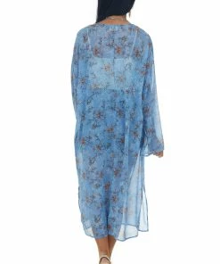 Peach Love Tops Cornflower Floral Print Long Sleeve Kimono