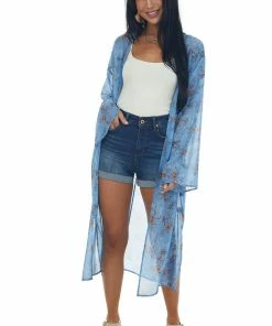 Peach Love Tops Cornflower Floral Print Long Sleeve Kimono