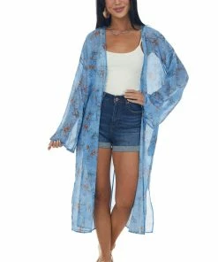 Peach Love Tops Cornflower Floral Print Long Sleeve Kimono