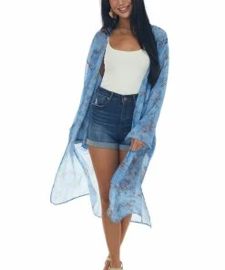 Peach Love Tops Cornflower Floral Print Long Sleeve Kimono