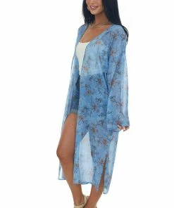Peach Love Tops Cornflower Floral Print Long Sleeve Kimono