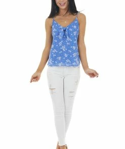Lush Clothing Cornflower Floral Print Sleeveless Blouse With Tie Detail Tops