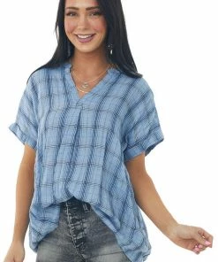 Entro Cornflower Plaid Woven Top With Button Up Back