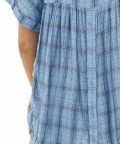 Entro Cornflower Plaid Woven Top With Button Up Back