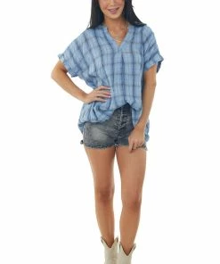 Entro Cornflower Plaid Woven Top With Button Up Back