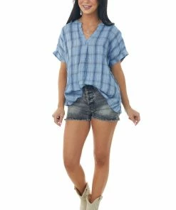 Entro Cornflower Plaid Woven Top With Button Up Back