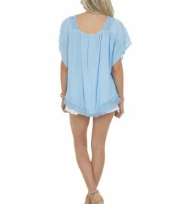 Davi & Dani Powder Blue Square Neck Blouse With Lace Details 18 Davi & Dani Powder Blue Square Neck Blouse With Lace Details