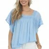 Davi & Dani Powder Blue Square Neck Blouse With Lace Details 1 Davi & Dani Powder Blue Square Neck Blouse With Lace Details
