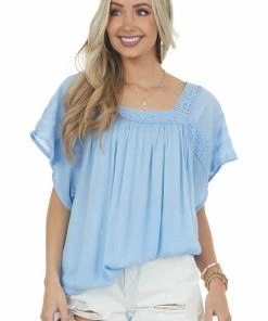 Davi & Dani Powder Blue Square Neck Blouse With Lace Details