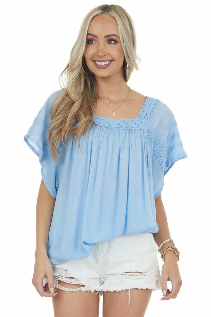 Davi & Dani Powder Blue Square Neck Blouse With Lace Details 3 Davi & Dani Powder Blue Square Neck Blouse With Lace Details