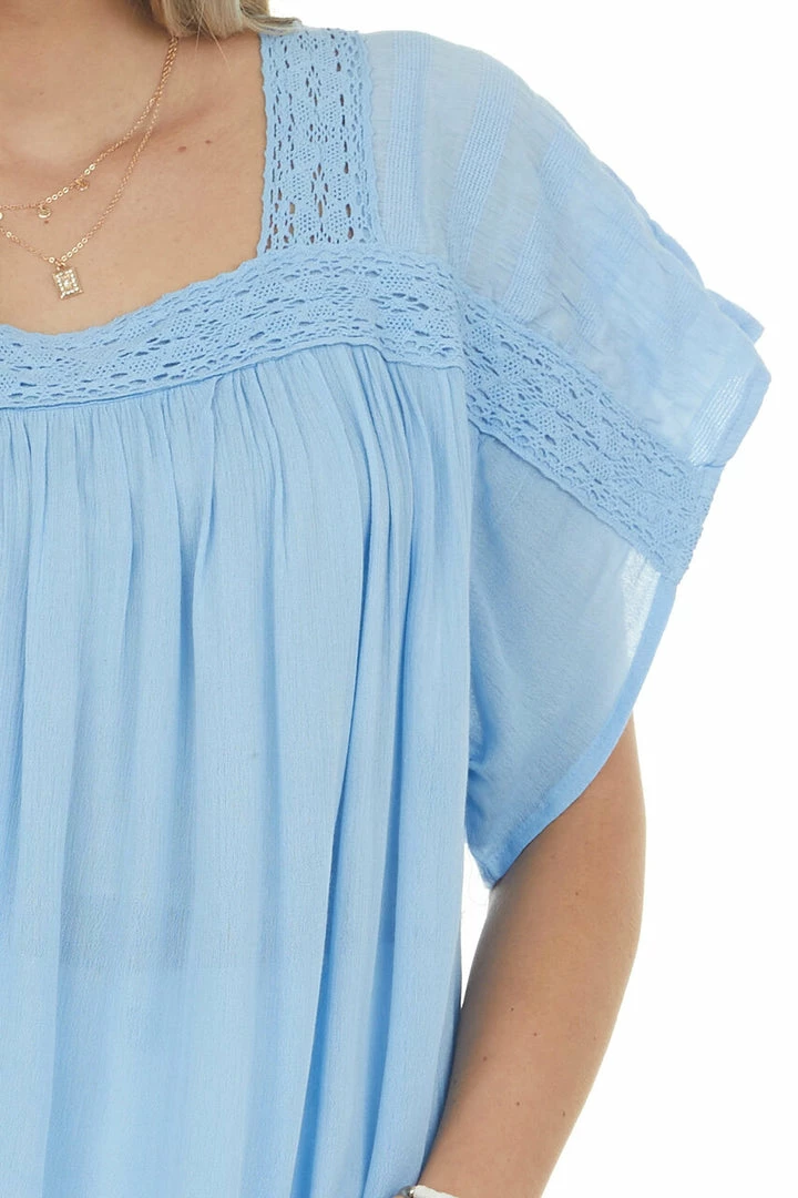 Davi & Dani Powder Blue Square Neck Blouse With Lace Details 10 Davi & Dani Powder Blue Square Neck Blouse With Lace Details