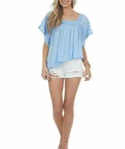 Davi & Dani Powder Blue Square Neck Blouse With Lace Details 13 Davi & Dani Powder Blue Square Neck Blouse With Lace Details