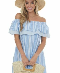 Umgee Dresses Cornflower Striped Ruffle Off The Shoulder Dress