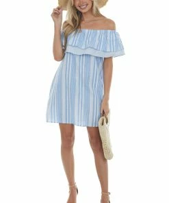 Umgee Dresses Cornflower Striped Ruffle Off The Shoulder Dress
