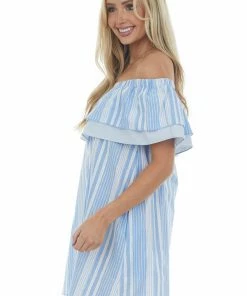 Umgee Dresses Cornflower Striped Ruffle Off The Shoulder Dress