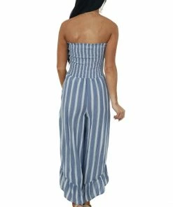 ANGIE Dresses Cornflower Striped Strapless Smocked Jumpsuit