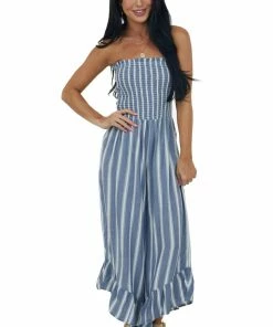ANGIE Dresses Cornflower Striped Strapless Smocked Jumpsuit
