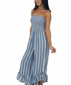 ANGIE Dresses Cornflower Striped Strapless Smocked Jumpsuit