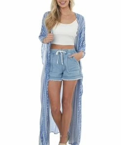 Lush Clothing Tops Cornflower Striped Waist Tie Duster Kimono