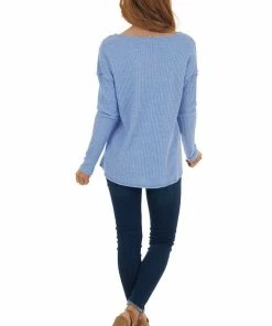 First Love Cornflower Waffle Knit Raw Hem Long Sleeve Top Tops