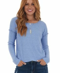 First Love Cornflower Waffle Knit Raw Hem Long Sleeve Top Tops