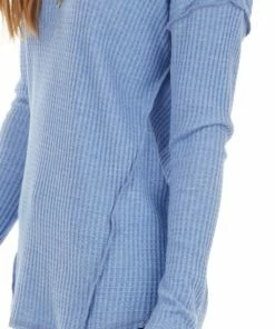First Love Cornflower Waffle Knit Raw Hem Long Sleeve Top Tops
