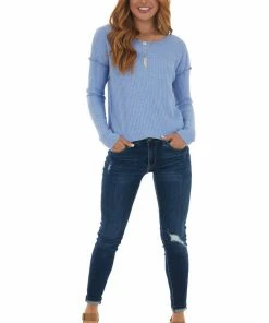 First Love Cornflower Waffle Knit Raw Hem Long Sleeve Top Tops