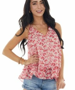 Entro Tops Cranberry Abstract Tiered Woven Tank Top With Dual Strap
