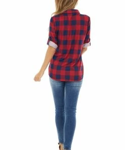 Fashion Cargo Cranberry And Navy Buffalo Plaid Top With Chest Pockets Tops