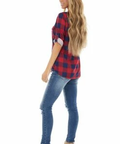 Fashion Cargo Cranberry And Navy Buffalo Plaid Top With Chest Pockets Tops