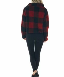 Style Melody Cranberry Buffalo Plaid Sherpa Pullover Jacket Outerwear