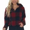 Style Melody Cranberry Buffalo Plaid Sherpa Pullover Jacket Outerwear
