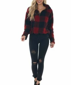 Style Melody Cranberry Buffalo Plaid Sherpa Pullover Jacket Outerwear