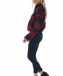 Style Melody Cranberry Buffalo Plaid Sherpa Pullover Jacket Outerwear