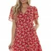 Davi & Dani Cranberry Floral Print V Neck Short Dress