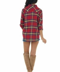 Style Melody Cranberry Plaid Double Chest Pocket Flannel Tops