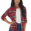 Style Melody Cranberry Plaid Double Chest Pocket Flannel Tops 1 Style Melody Cranberry Plaid Double Chest Pocket Flannel Tops
