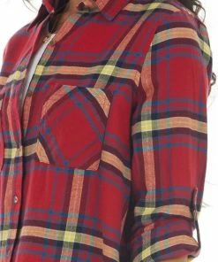 Style Melody Cranberry Plaid Double Chest Pocket Flannel Tops
