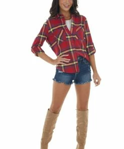 Style Melody Cranberry Plaid Double Chest Pocket Flannel Tops