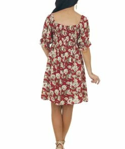 Jodifl Cranberry Red Floral Print Smocked Short Dress