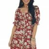 Jodifl Cranberry Red Floral Print Smocked Short Dress 2 Jodifl Cranberry Red Floral Print Smocked Short Dress