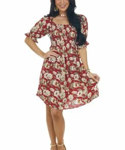 Jodifl Cranberry Red Floral Print Smocked Short Dress