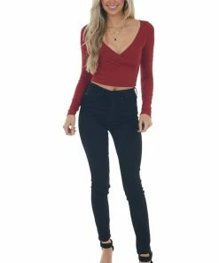 Nikibiki Cranberry Ribbed Long Sleeve Surplice Crop Top Tops